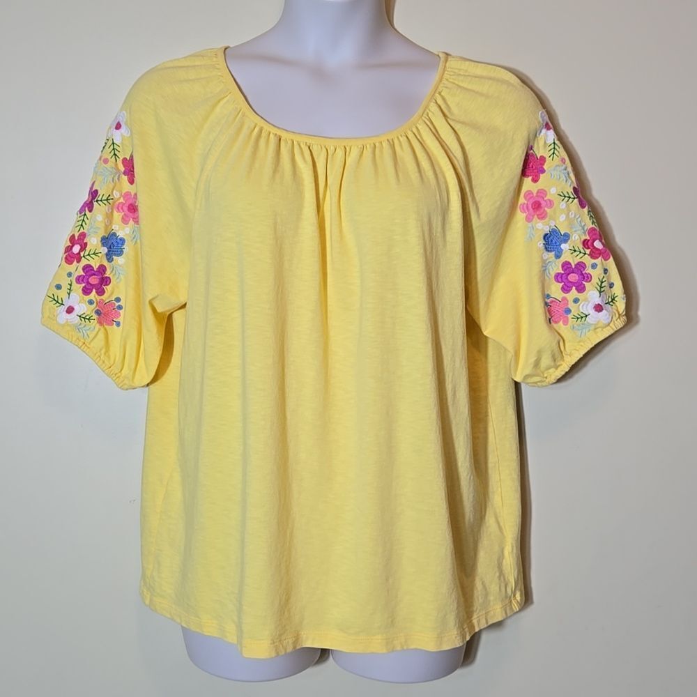 Talbots‎ Floral Embroidered Puff Sleeve Top XL Yellow Cottagecore Modal Cotton